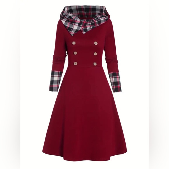 Dresses & Skirts - Women’s Red Plaid Print Panel Hooded Midi Dress Size 6 NWOT